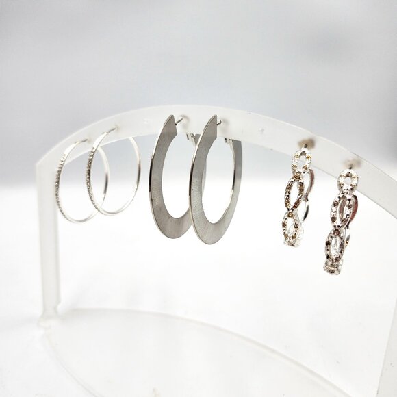 3 Pair - Silver Medium Hoop Earring Variety Package - Picture 1 of 6